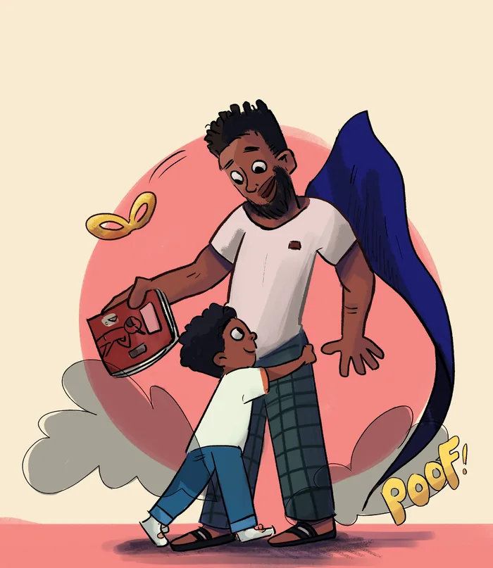 Illustration: a dad's cape appears with a poof