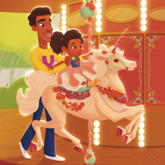 Illustration: dad and daughter on a carousel unicorn