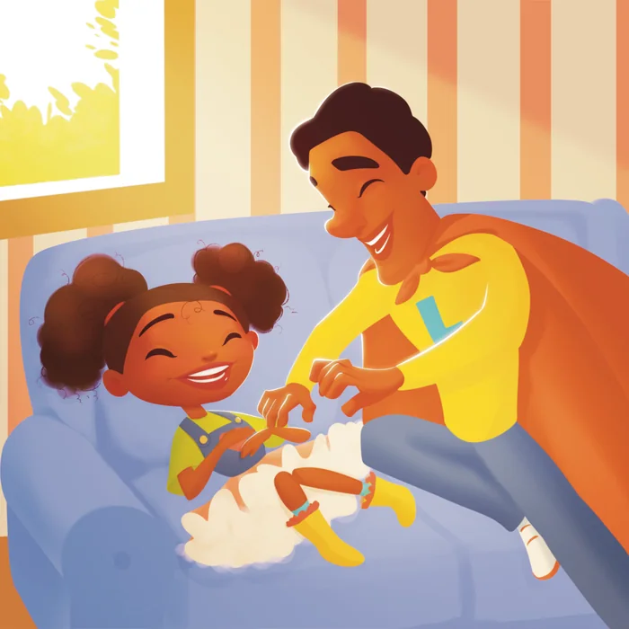 Illustration: dad tickling his daughter on the couch