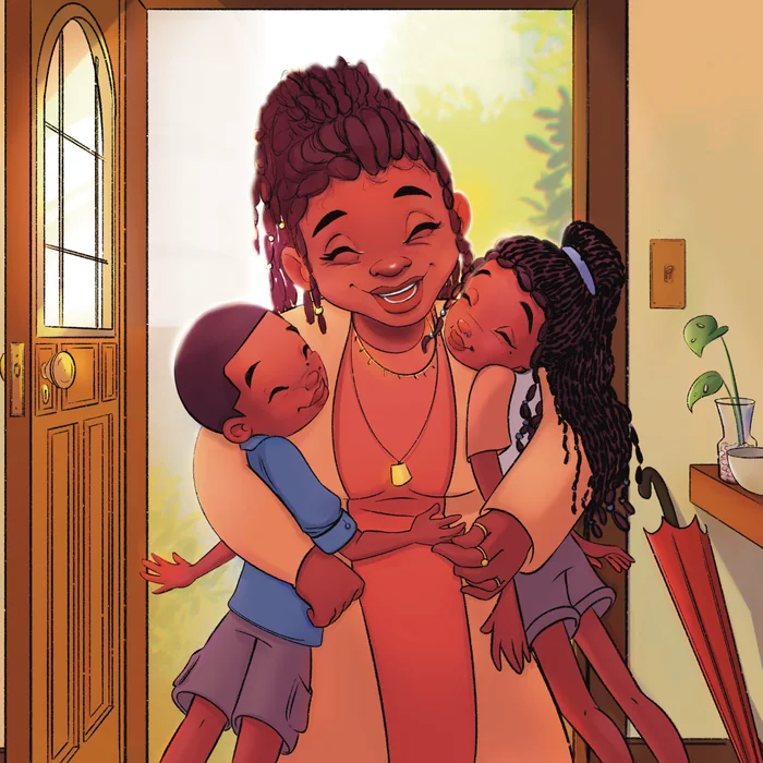 Illustration: two kids hugging the special lady at the door