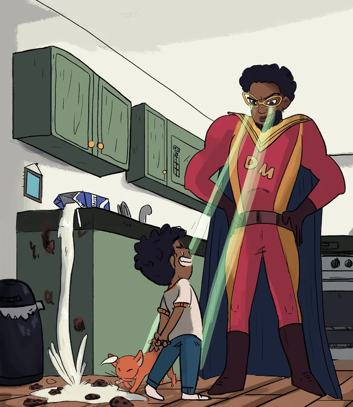 Illustration: superhero dad and the spilled milk